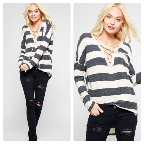 Stripe lace up knit top - Picture 6 of 6
